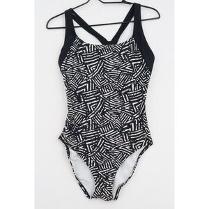 Speedo Womens One Piece Swimsuit Black White Geometric Racerback Size 10